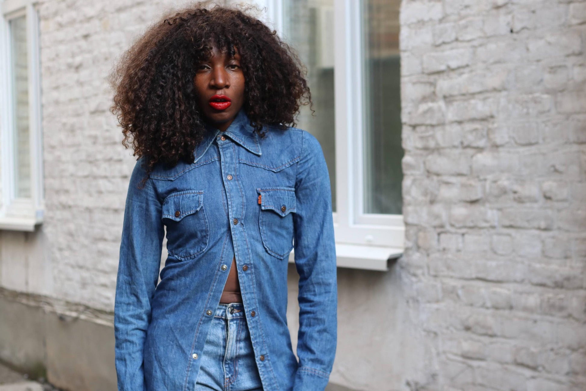 RARE 1973 Levi's Orange Tab Denim Shirt XS Western 70s Slim Fit Pearl Snap