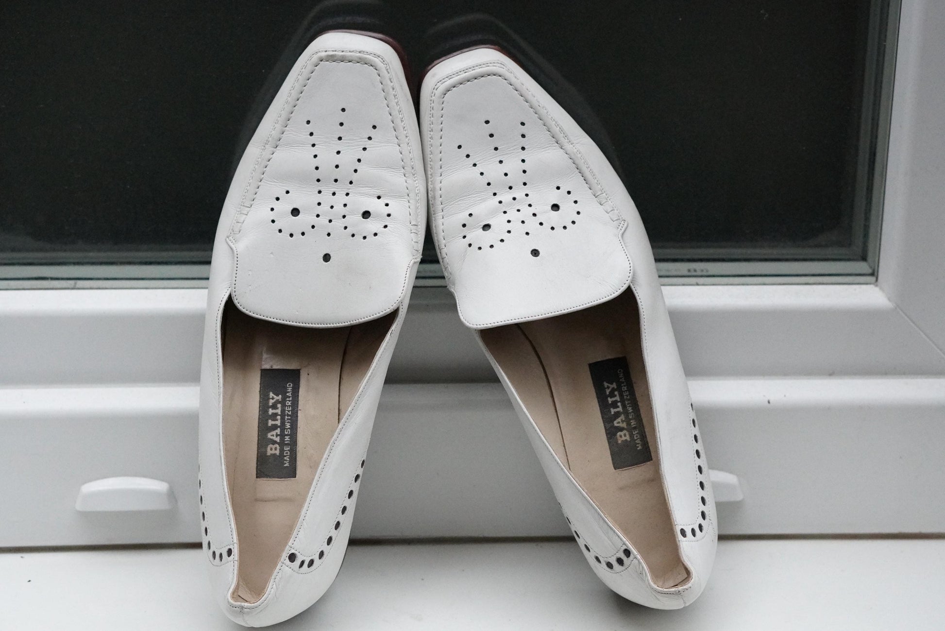 Vintage BALLY White Leather Loafers Moccasin 4.5| Perforated Designer Slip-On