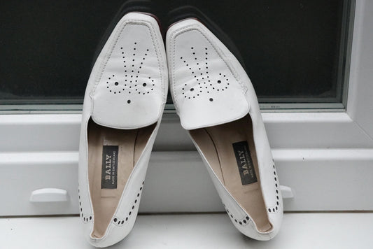 Vintage BALLY White Leather Loafers Moccasin 4.5| Perforated Designer Slip-On