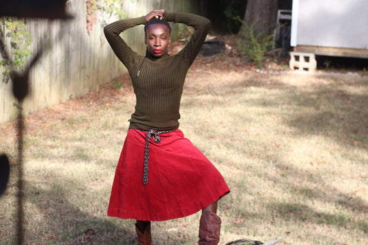 Vintage Red Suede Leather Skirt Midi A-Line Size 12 100% Leather Statement Skirt