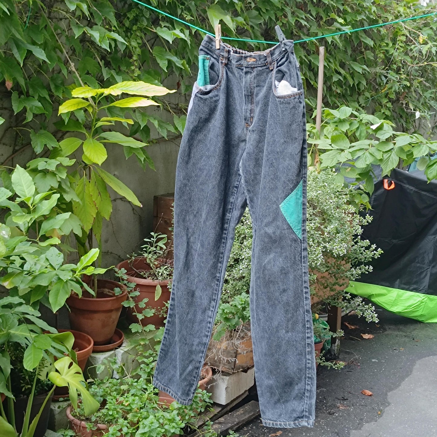 Vintage 90s Acid Wash Jeans | Upcycled Turquoise Patch Denim