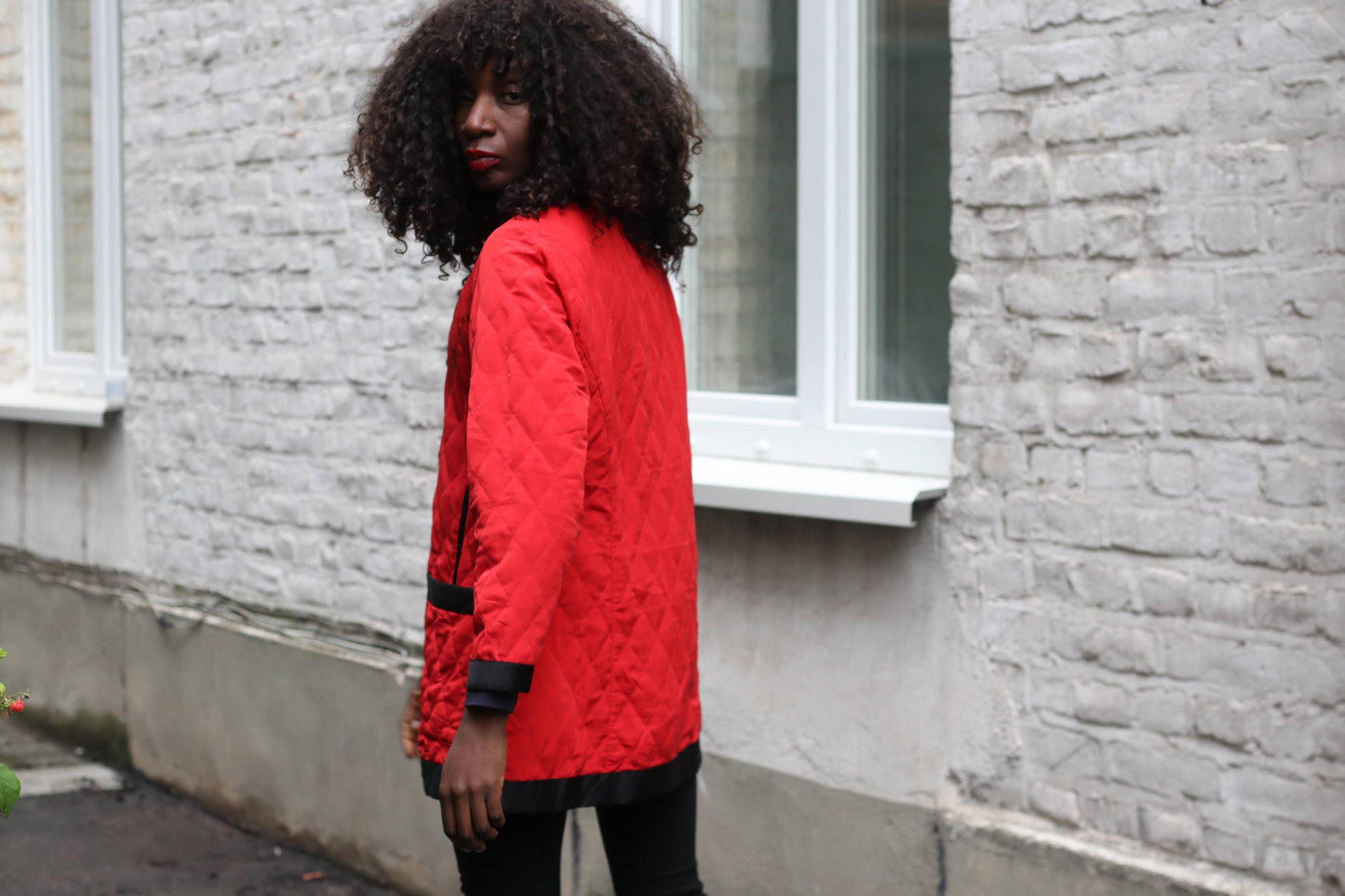 Vintage Red Quilted Jacket | Black Contrast Blazer Coat Gold Button Size 40