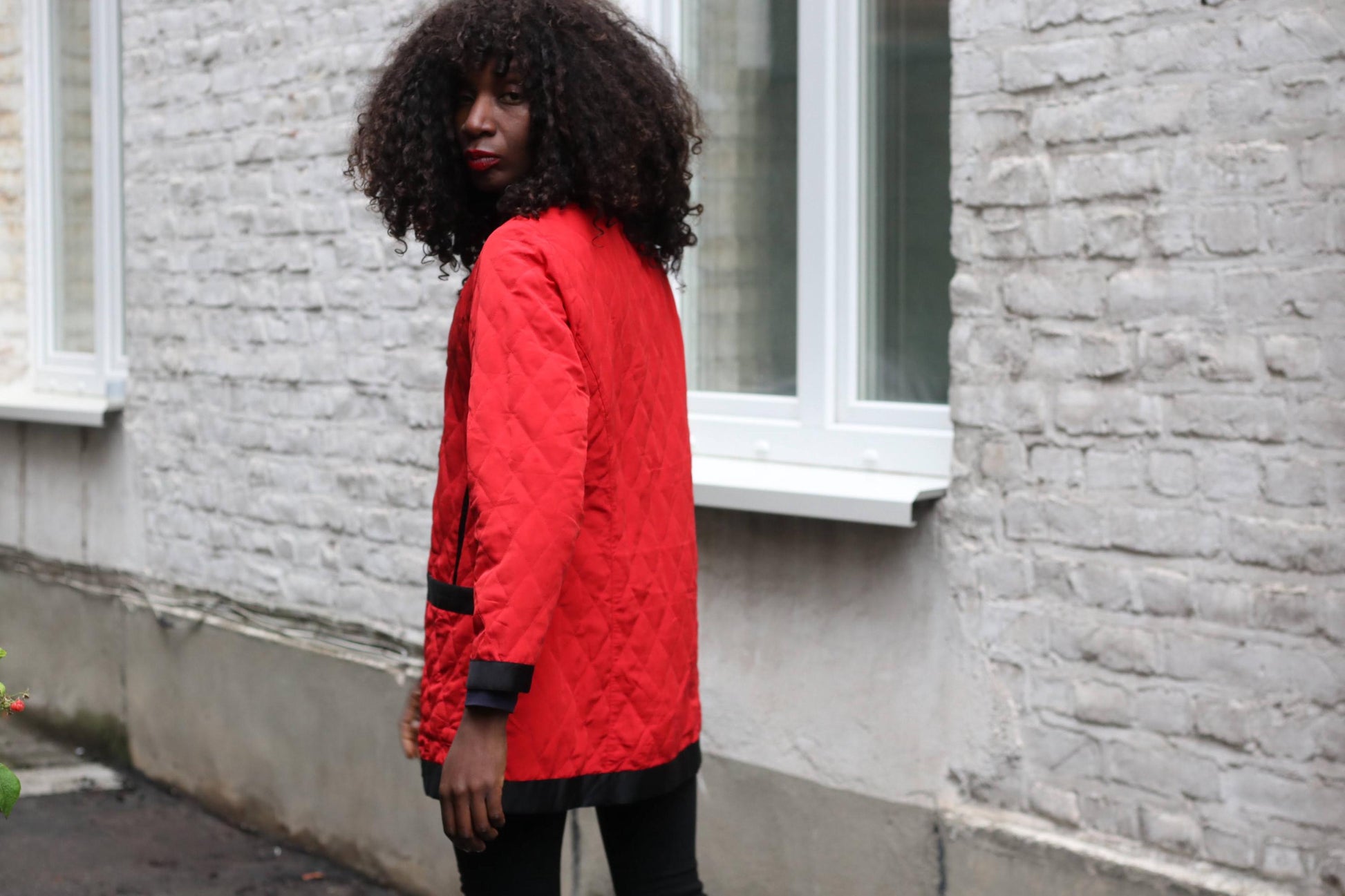 Vintage Red Quilted Jacket | Black Contrast Blazer Coat Gold Button Size 40