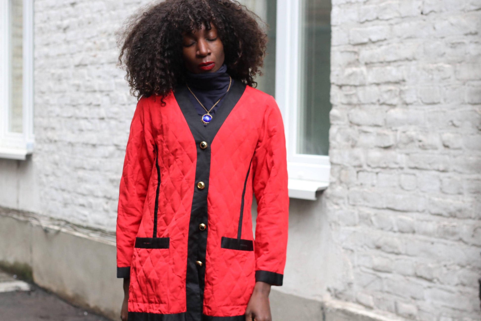 Vintage Red Quilted Jacket | Black Contrast Blazer Coat Gold Button Size 40