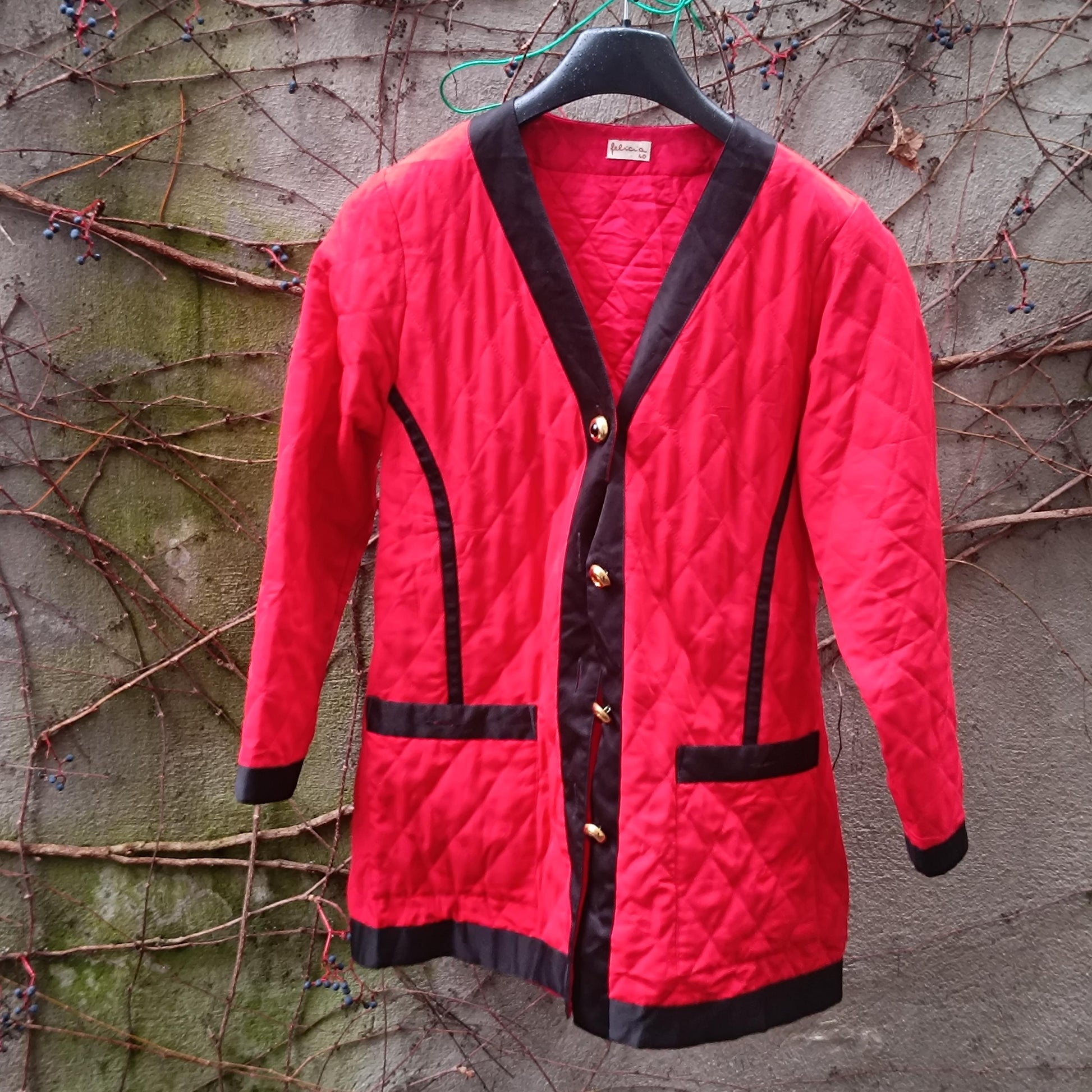 Vintage Red Quilted Jacket | Black Contrast Blazer Coat Gold Button Size 40