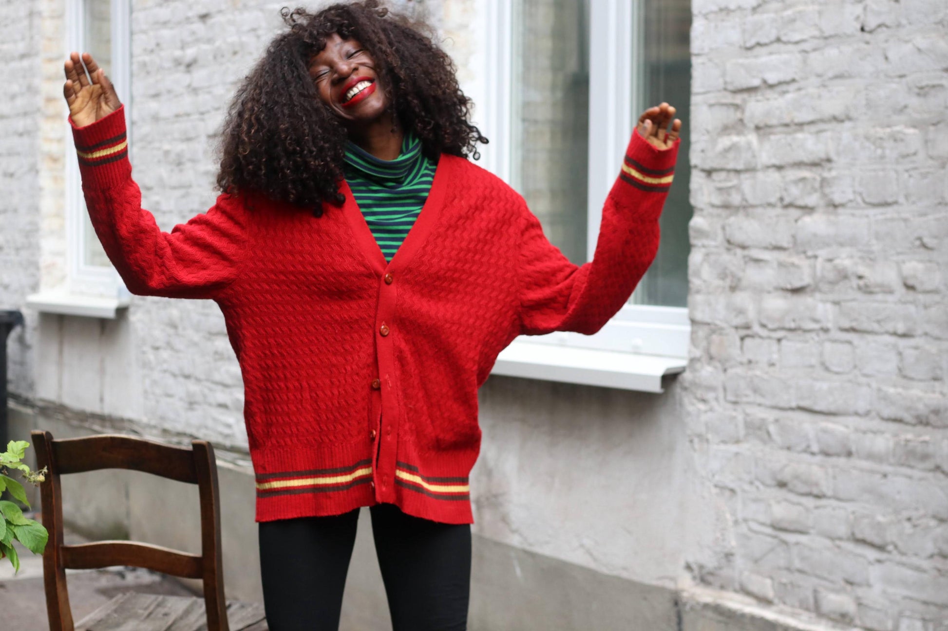 Vintage Red College Style Cardigan Sweater Textured Knit Bright Stripe