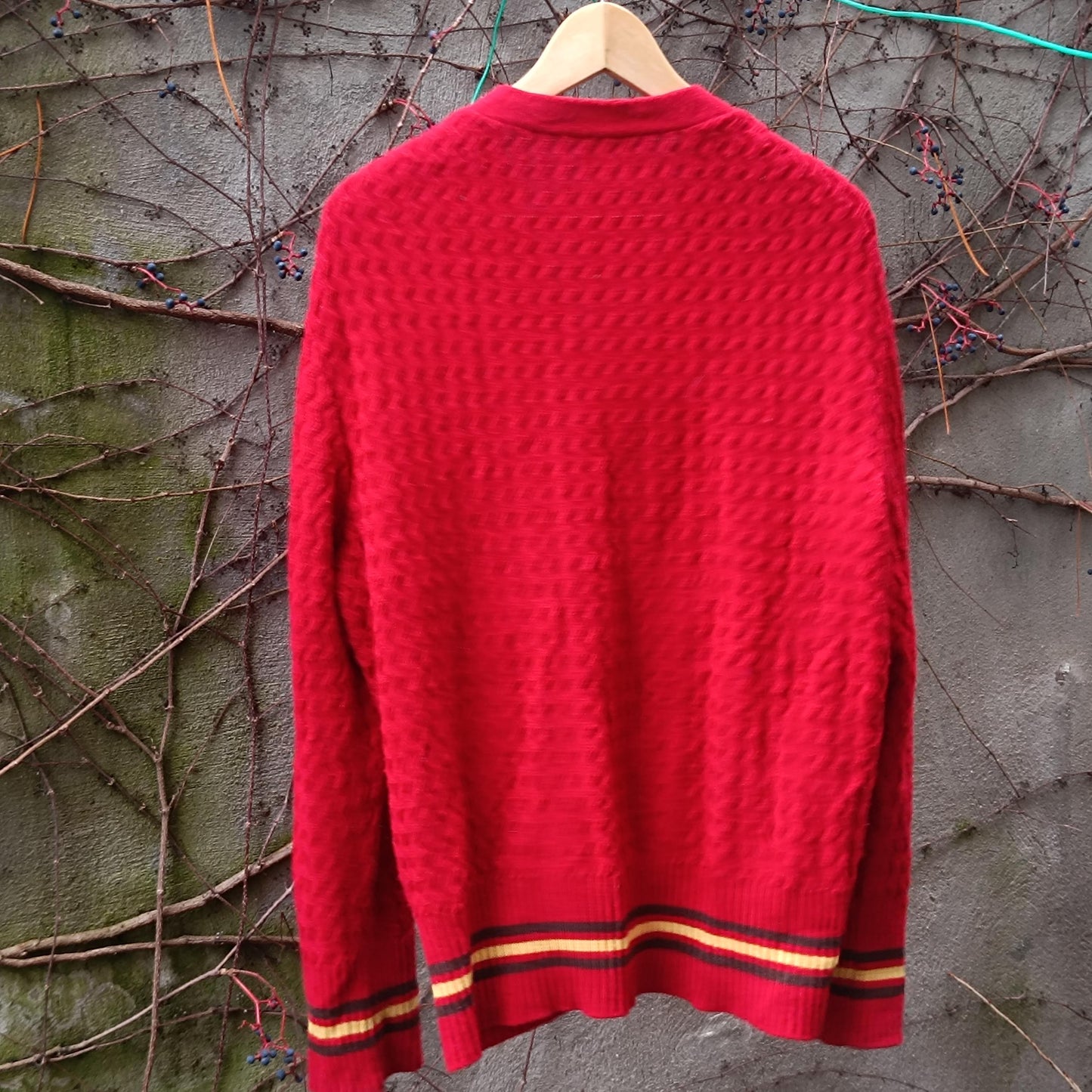 Vintage Red College Style Cardigan Sweater Textured Knit Bright Stripe