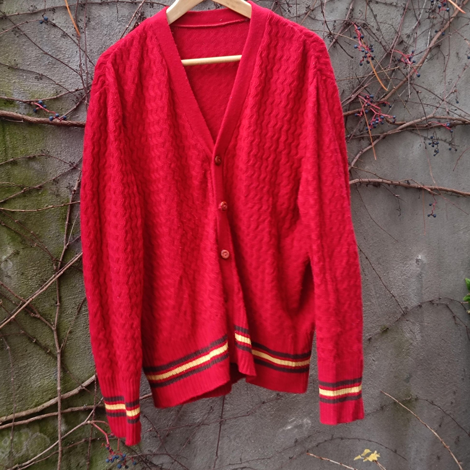 Vintage Red College Style Cardigan Sweater Textured Knit Bright Stripe