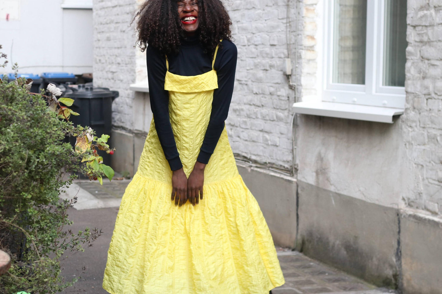 Vintage Bright Yellow Crinkle Maxi Dress Tiered Ruffle A-Line Slip S/M