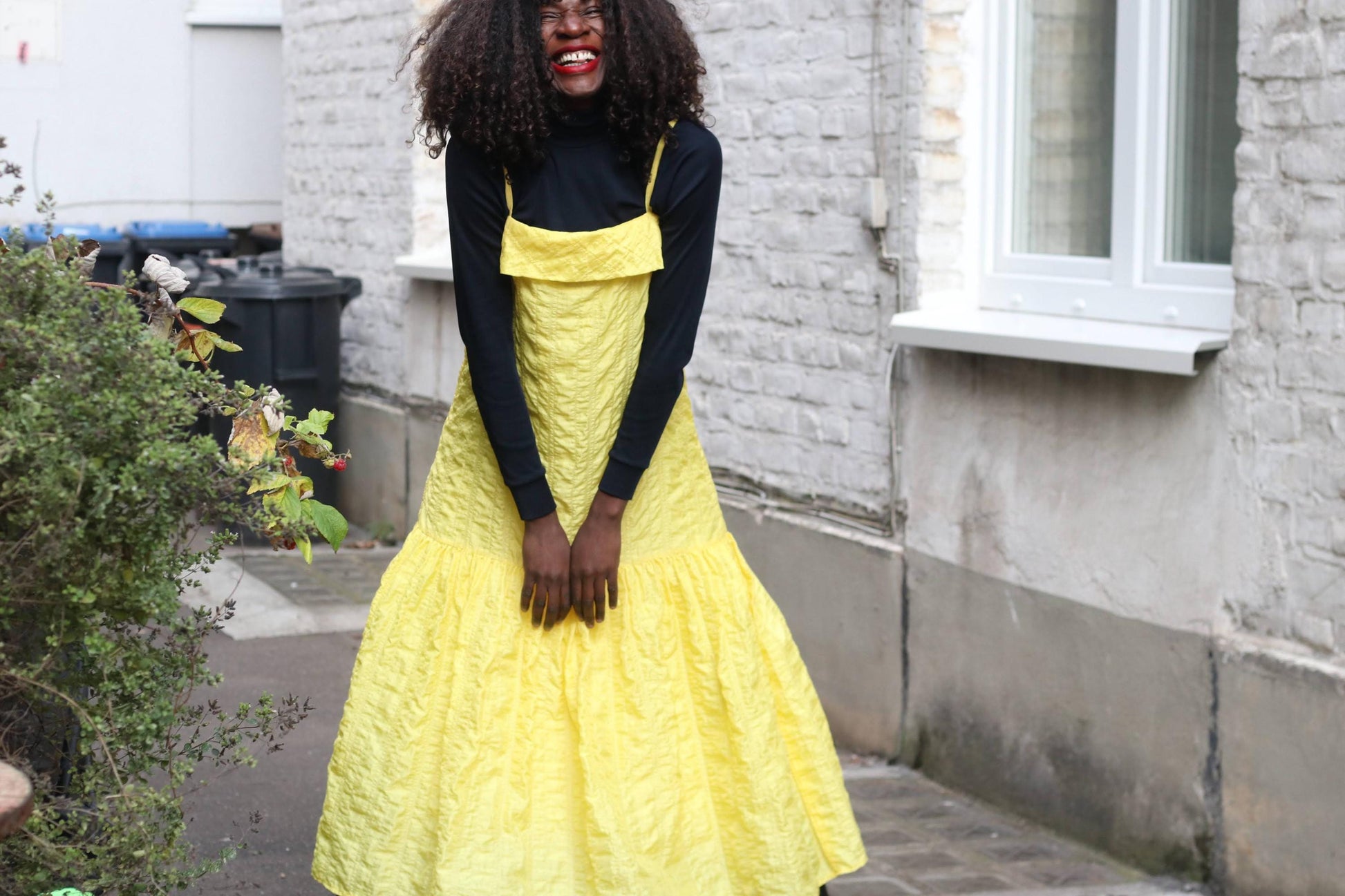 Vintage Bright Yellow Crinkle Maxi Dress Tiered Ruffle A-Line Slip S/M