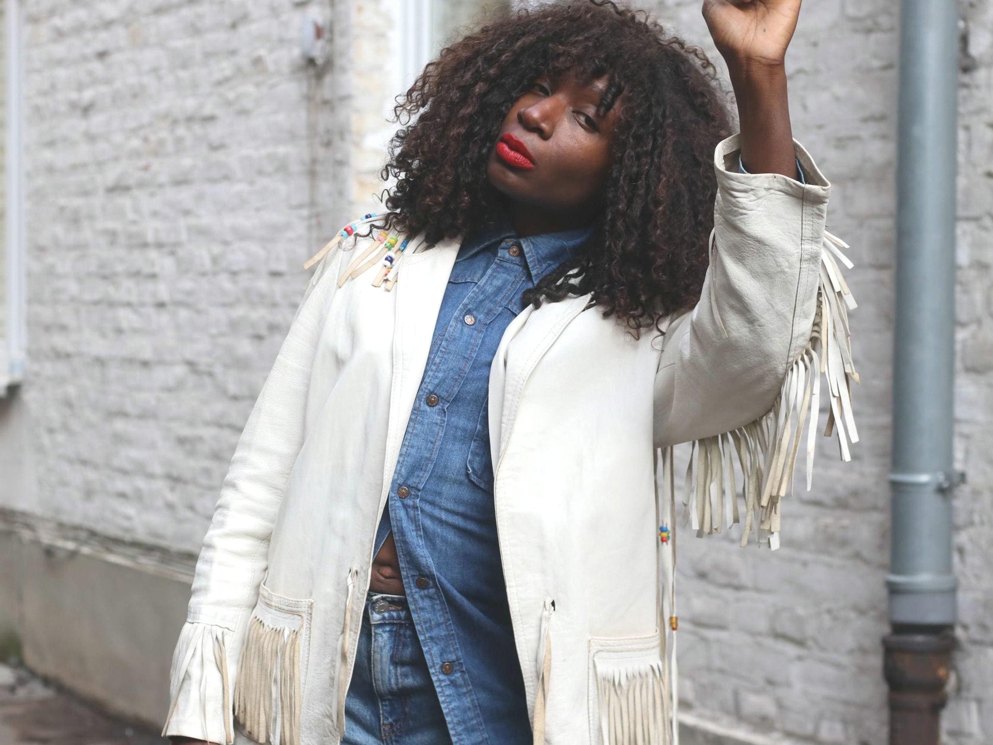 Michel Bachoz Vintage Fringe Leather Jacket Beaded Boho Western Hippie
