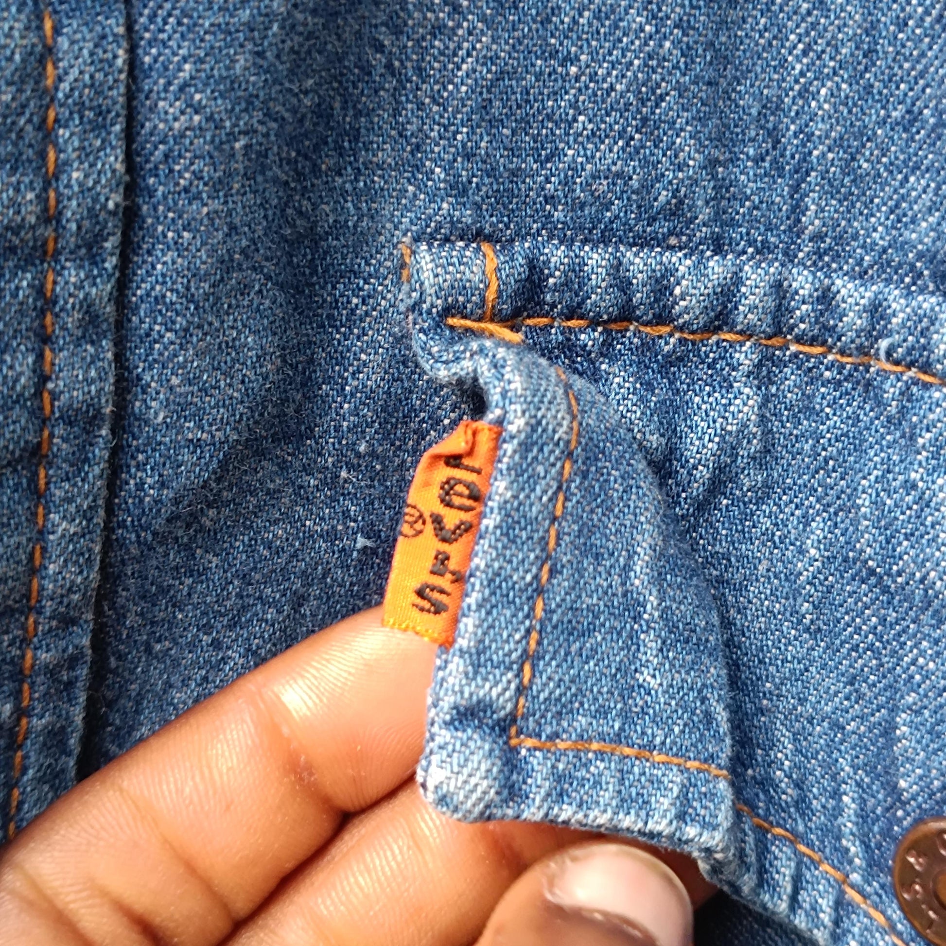 RARE 1973 Levi's Orange Tab Denim Shirt XS Western 70s Slim Fit Pearl Snap
