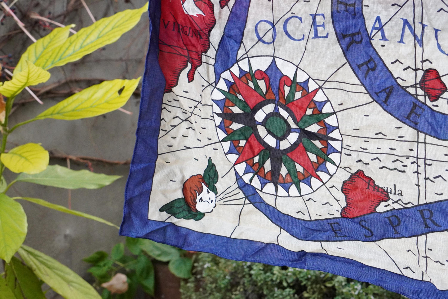 Vintage Nautical Map Scarf 100% Wool Made in Japan Blue Red Maritime World Map