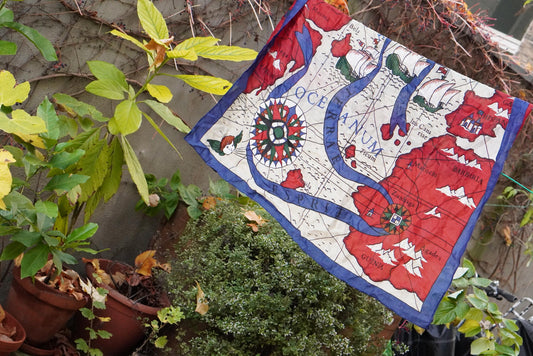 Vintage Nautical Map Scarf 100% Wool Made in Japan Blue Red Maritime World Map