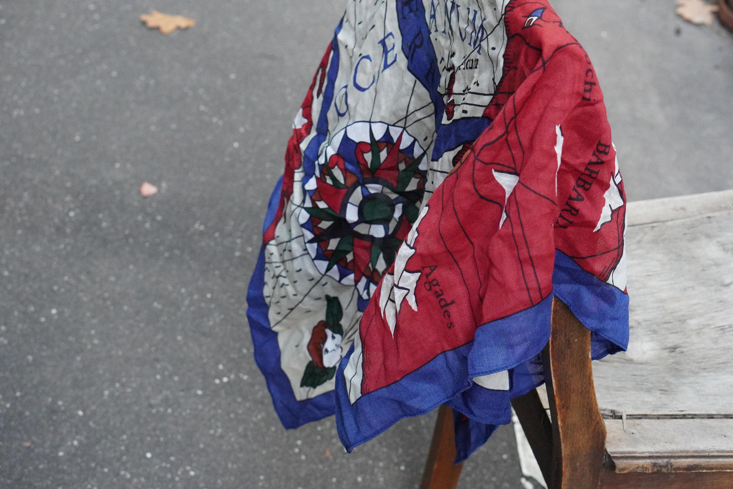 Vintage Nautical Map Scarf 100% Wool Made in Japan Blue Red Maritime World Map
