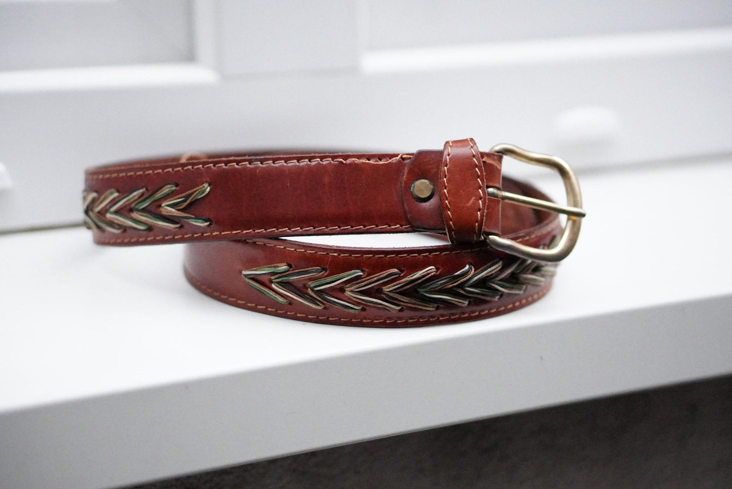 Vintage Western Leather Belt Chevron Embroidered Boho Handcrafted Brown Belt