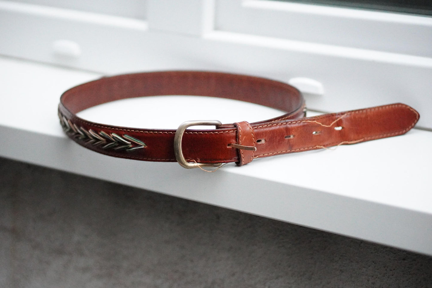 Vintage Western Leather Belt Chevron Embroidered Boho Handcrafted Brown Belt