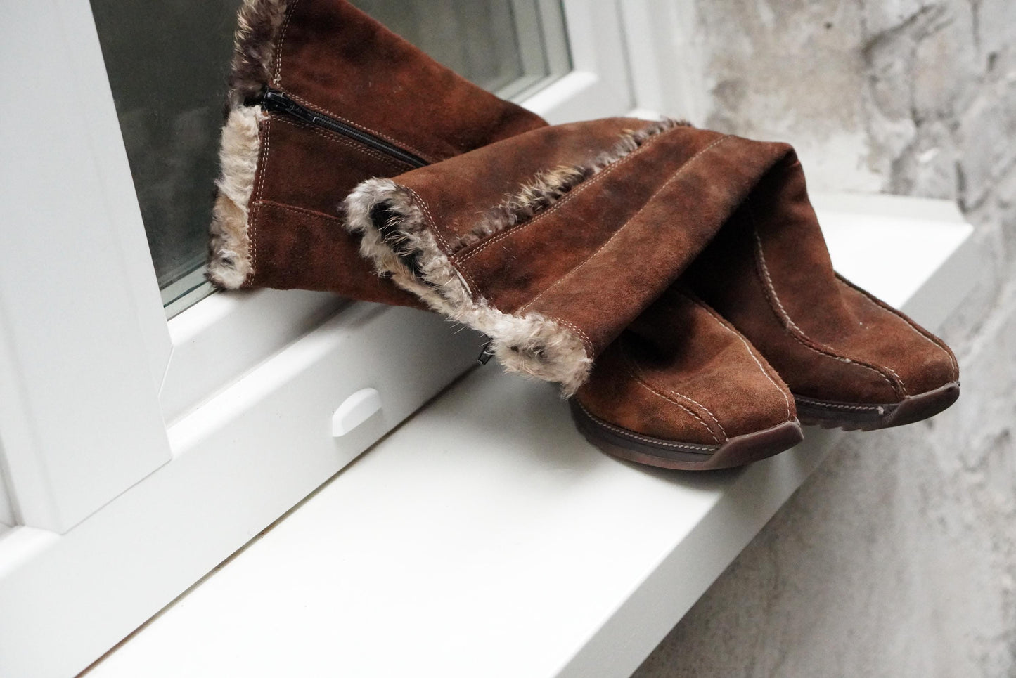 Vintage Brown Suede Faux Shearling Lined Wedge Boots Knee High Winter Size EU38