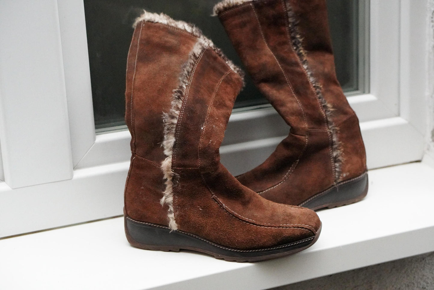 Vintage Brown Suede Faux Shearling Lined Wedge Boots Knee High Winter Size EU38