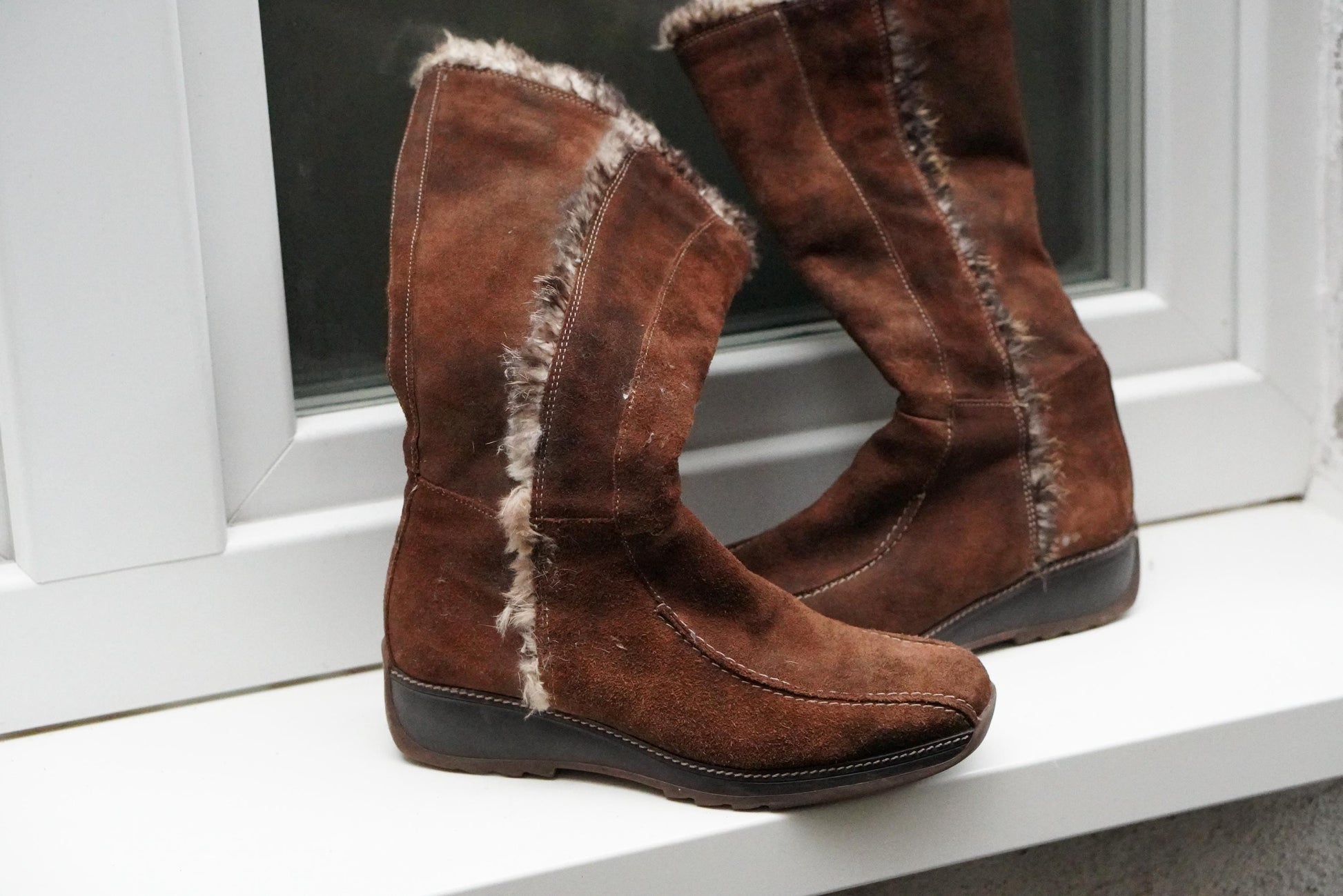 Vintage Brown Suede Faux Shearling Lined Wedge Boots Knee High Winter Size EU38