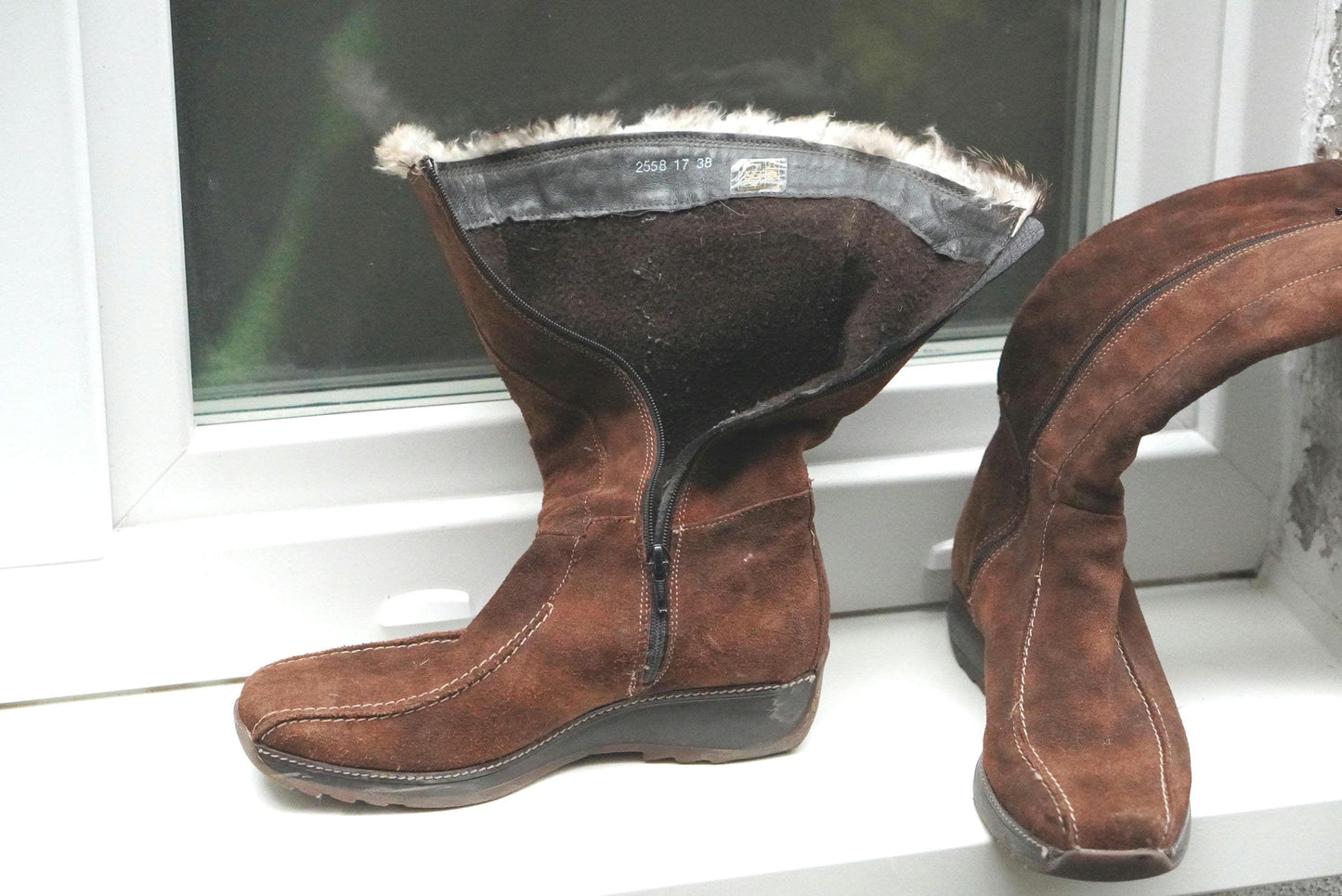 Vintage Brown Suede Faux Shearling Lined Wedge Boots Knee High Winter Size EU38