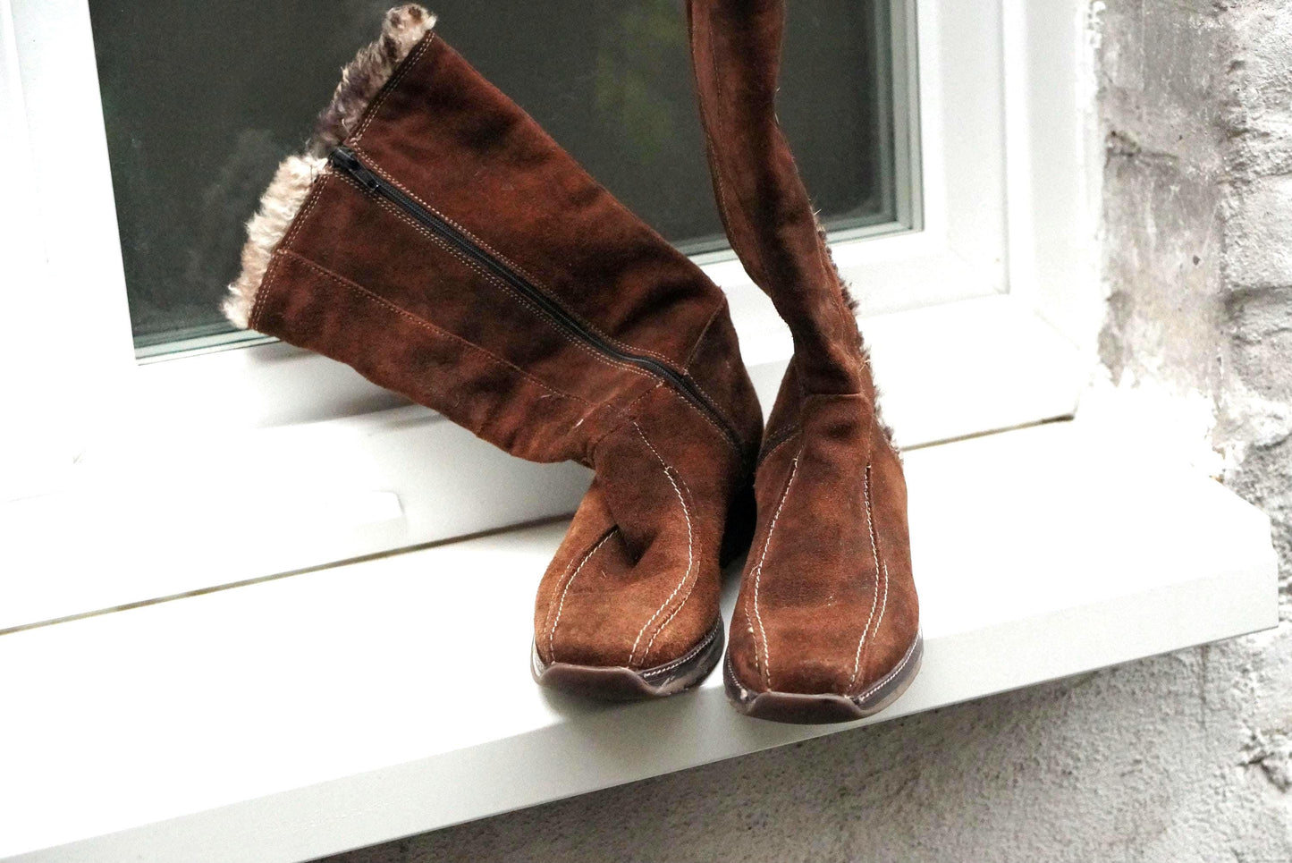 Vintage Brown Suede Faux Shearling Lined Wedge Boots Knee High Winter Size EU38