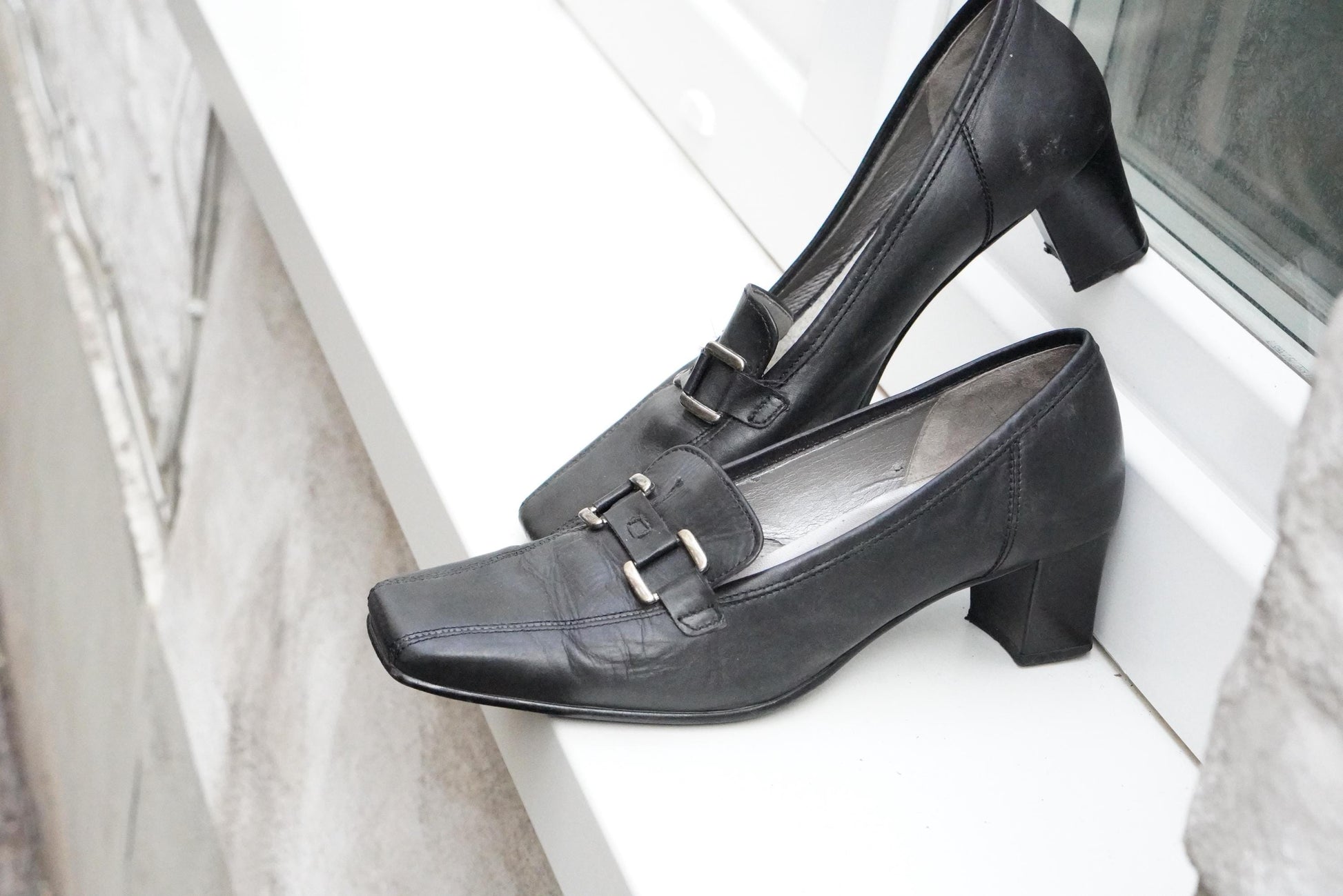 Vintage Gabor Black Leather Pumps Buckle Block Heel Classic Shoes 4.5