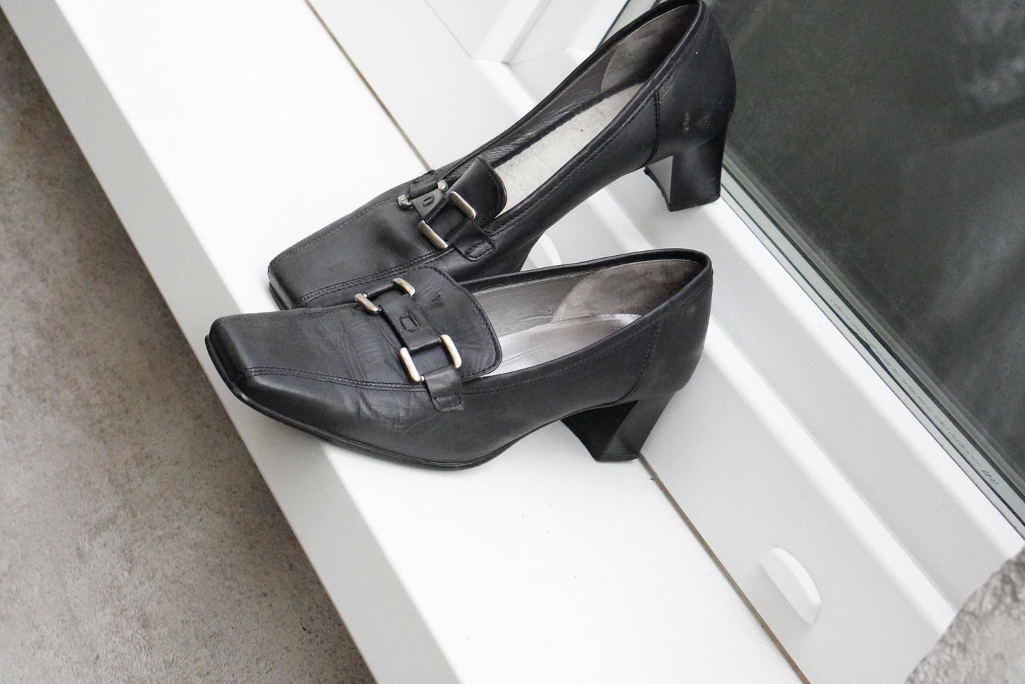 Vintage Gabor Black Leather Pumps Buckle Block Heel Classic Shoes 4.5