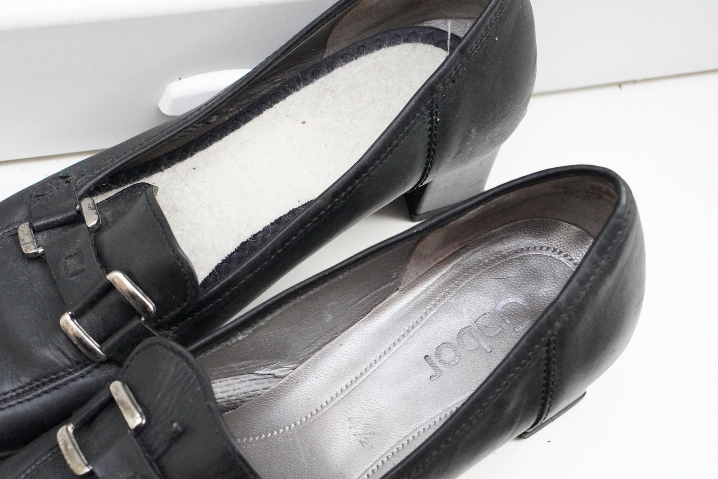 Vintage Gabor Black Leather Pumps Buckle Block Heel Classic Shoes 4.5