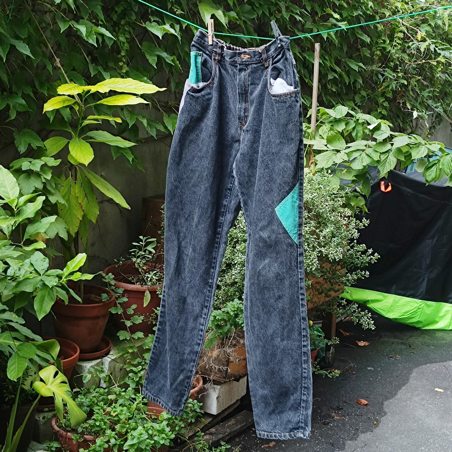 Vintage 90s Acid Wash Jeans | Upcycled Turquoise Patch Denim