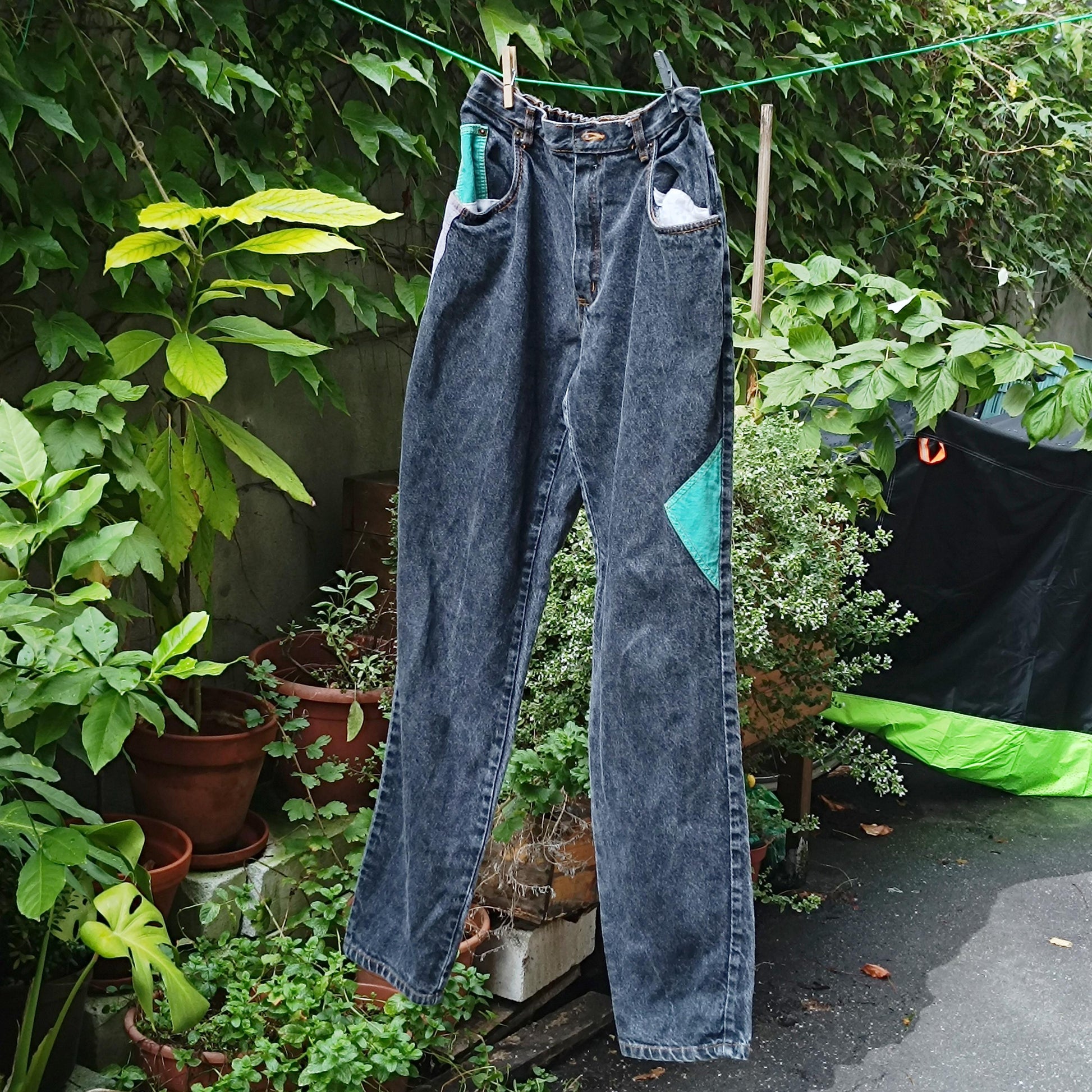 Vintage 90s Acid Wash Jeans | Upcycled Turquoise Patch Denim