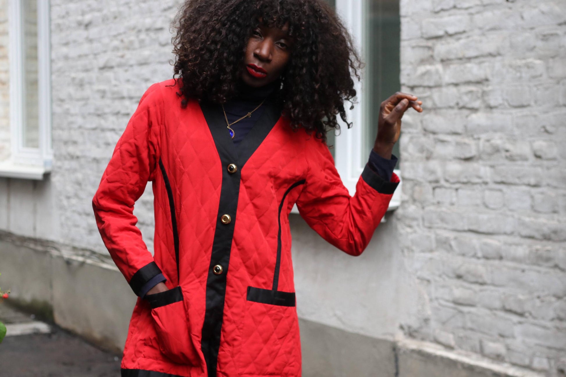 Vintage Red Quilted Jacket | Black Contrast Blazer Coat Gold Button Size 40