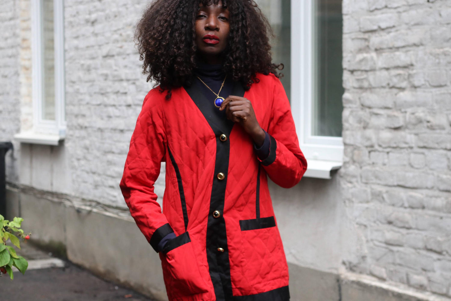 Vintage Red Quilted Jacket | Black Contrast Blazer Coat Gold Button Size 40