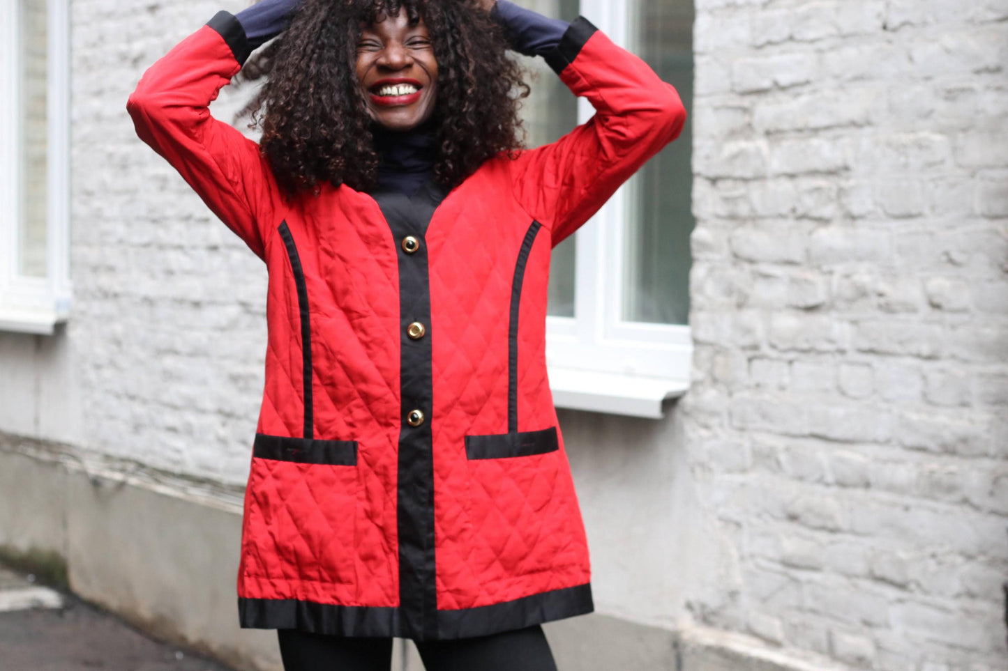 Vintage Red Quilted Jacket | Black Contrast Blazer Coat Gold Button Size 40