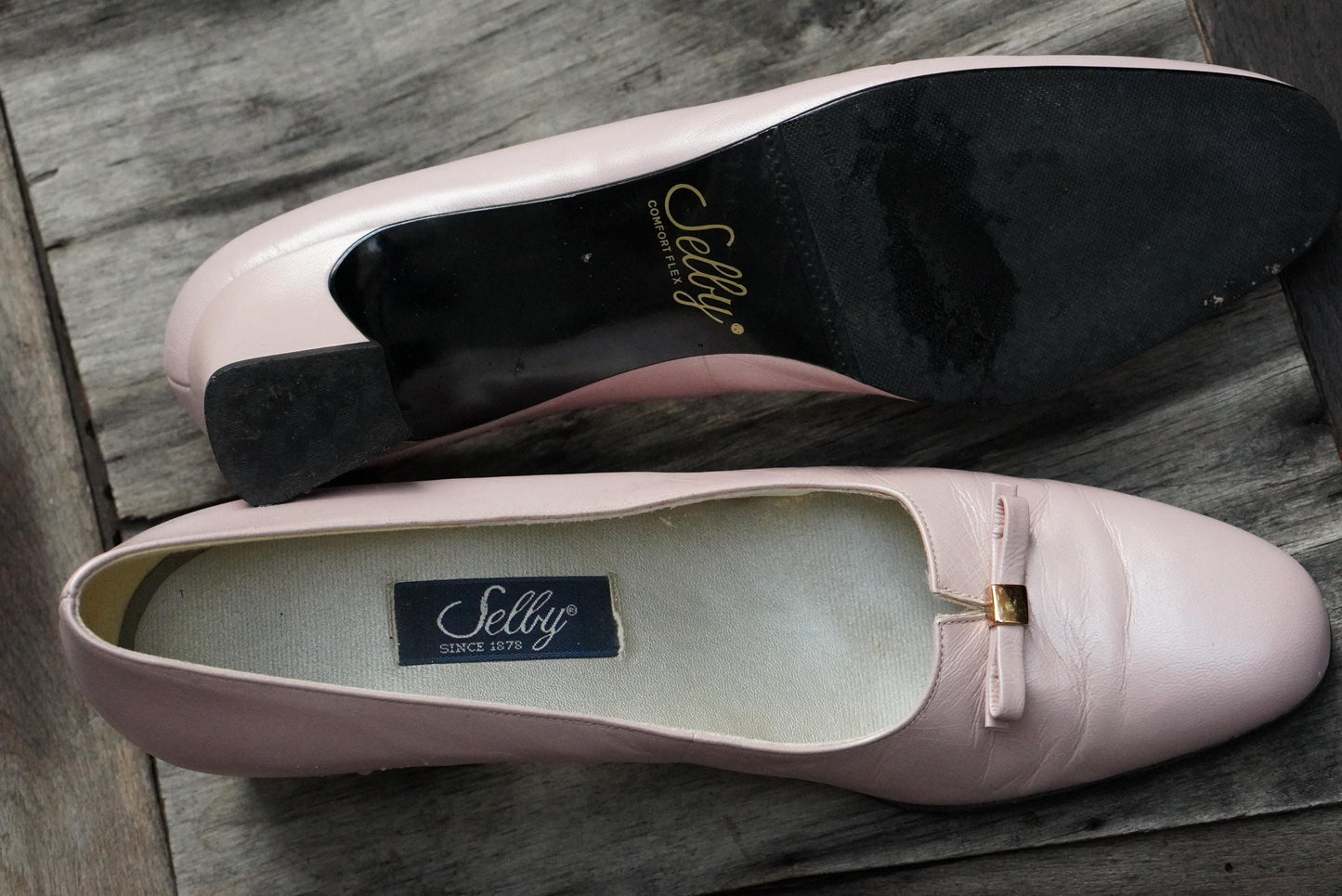Selby Vintage Pink Leather Pumps, Bow Block Heel, US 10