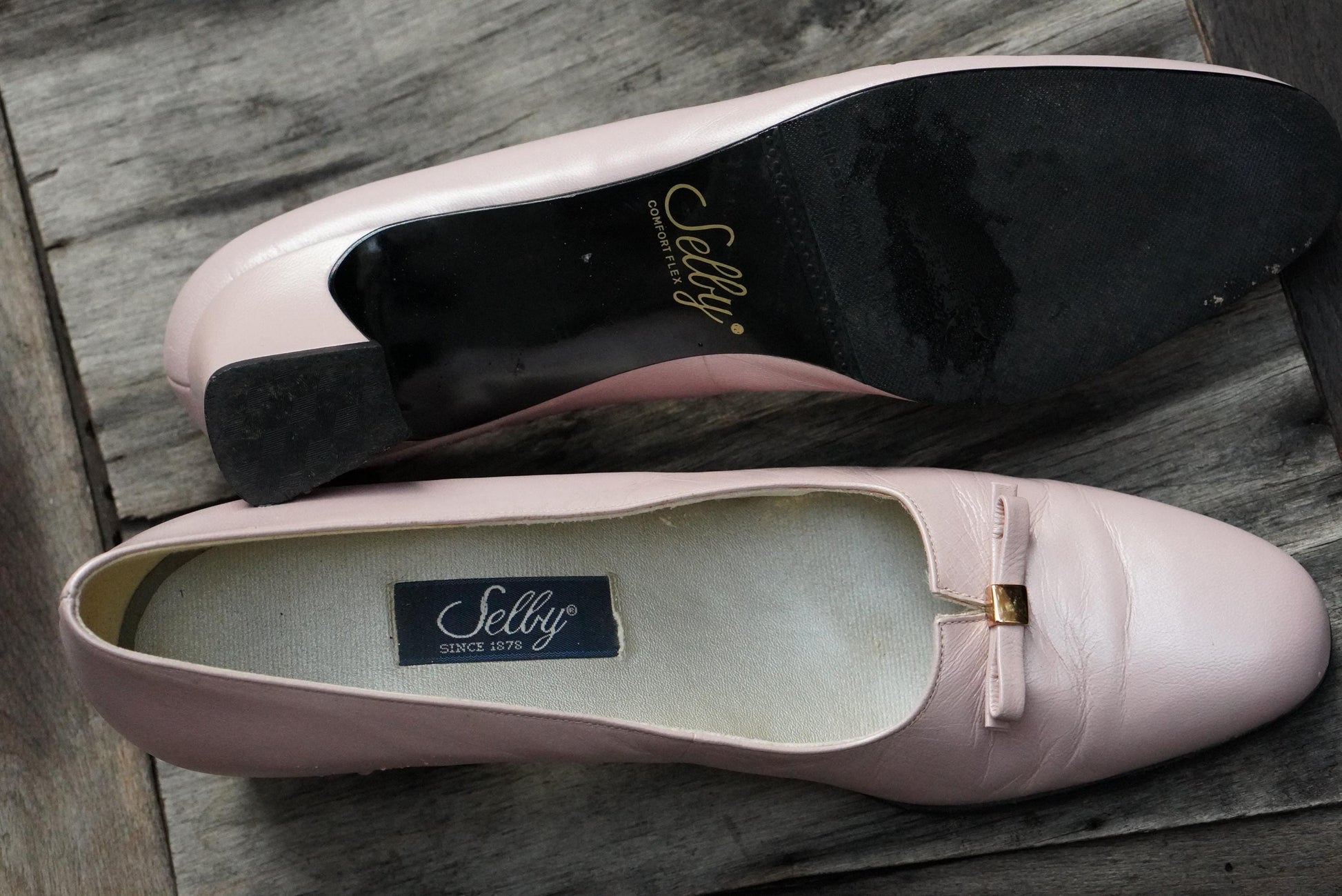 Selby Vintage Pink Leather Pumps, Bow Block Heel, US 10