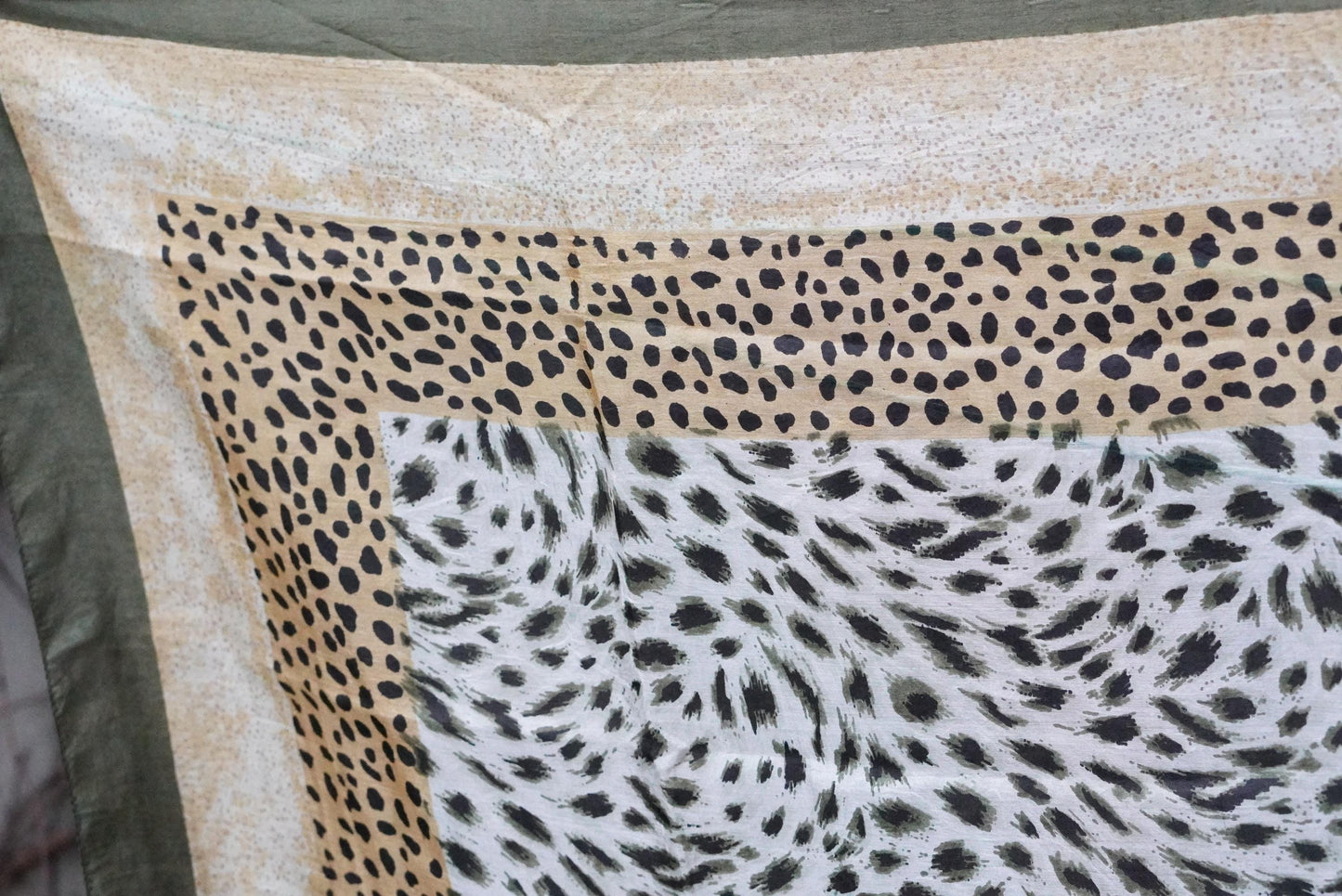 Silk Animal Print Scarf Vintage Green Leopard Pattern Square Neck Head Wrap 100% Silk