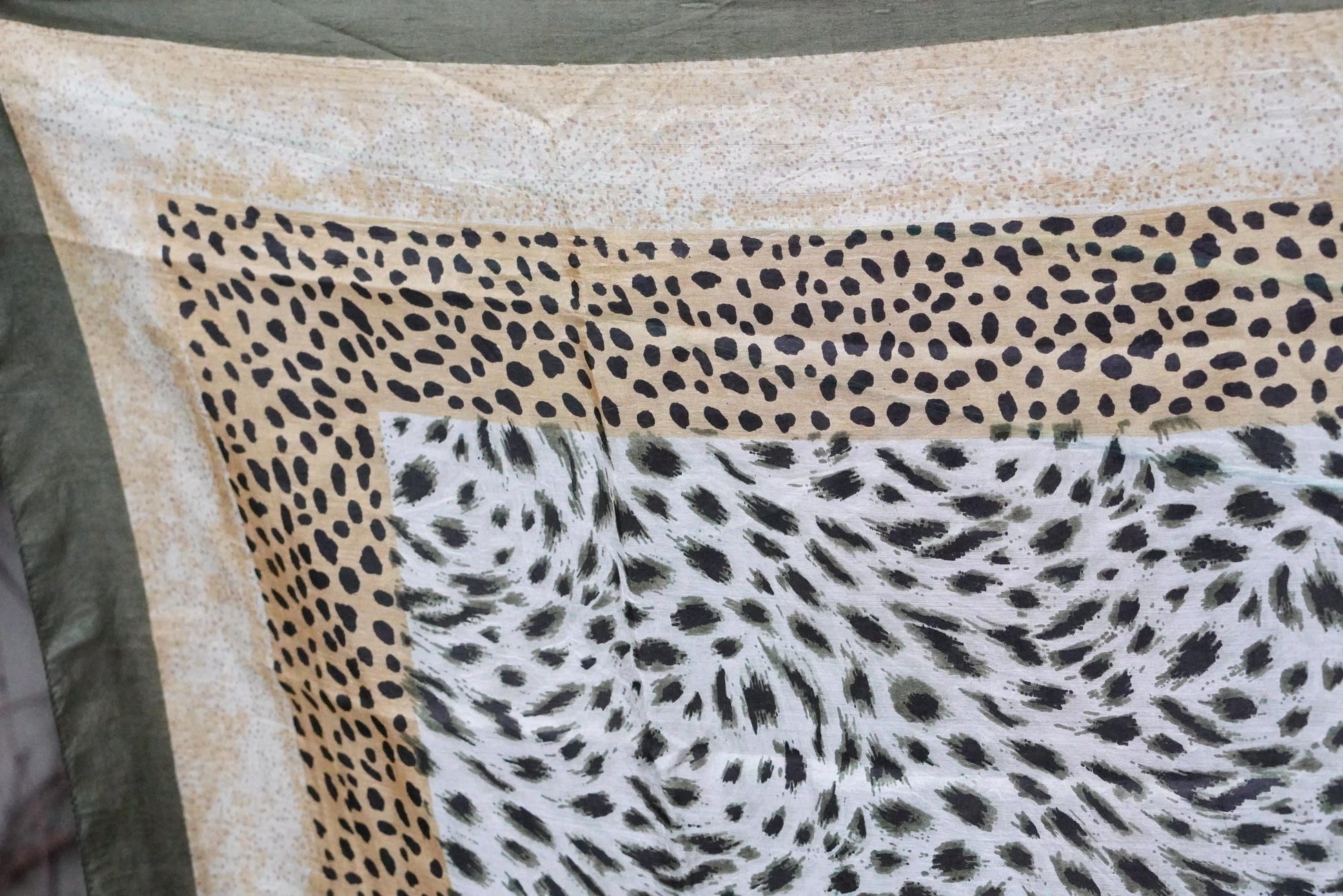 Silk Animal Print Scarf Vintage Green Leopard Pattern Square Neck Head Wrap 100% Silk