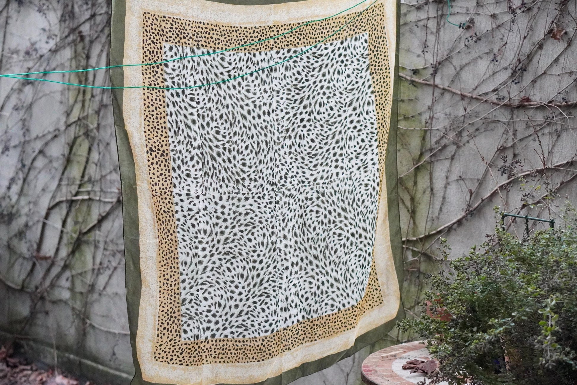 Silk Animal Print Scarf Vintage Green Leopard Pattern Square Neck Head Wrap 100% Silk