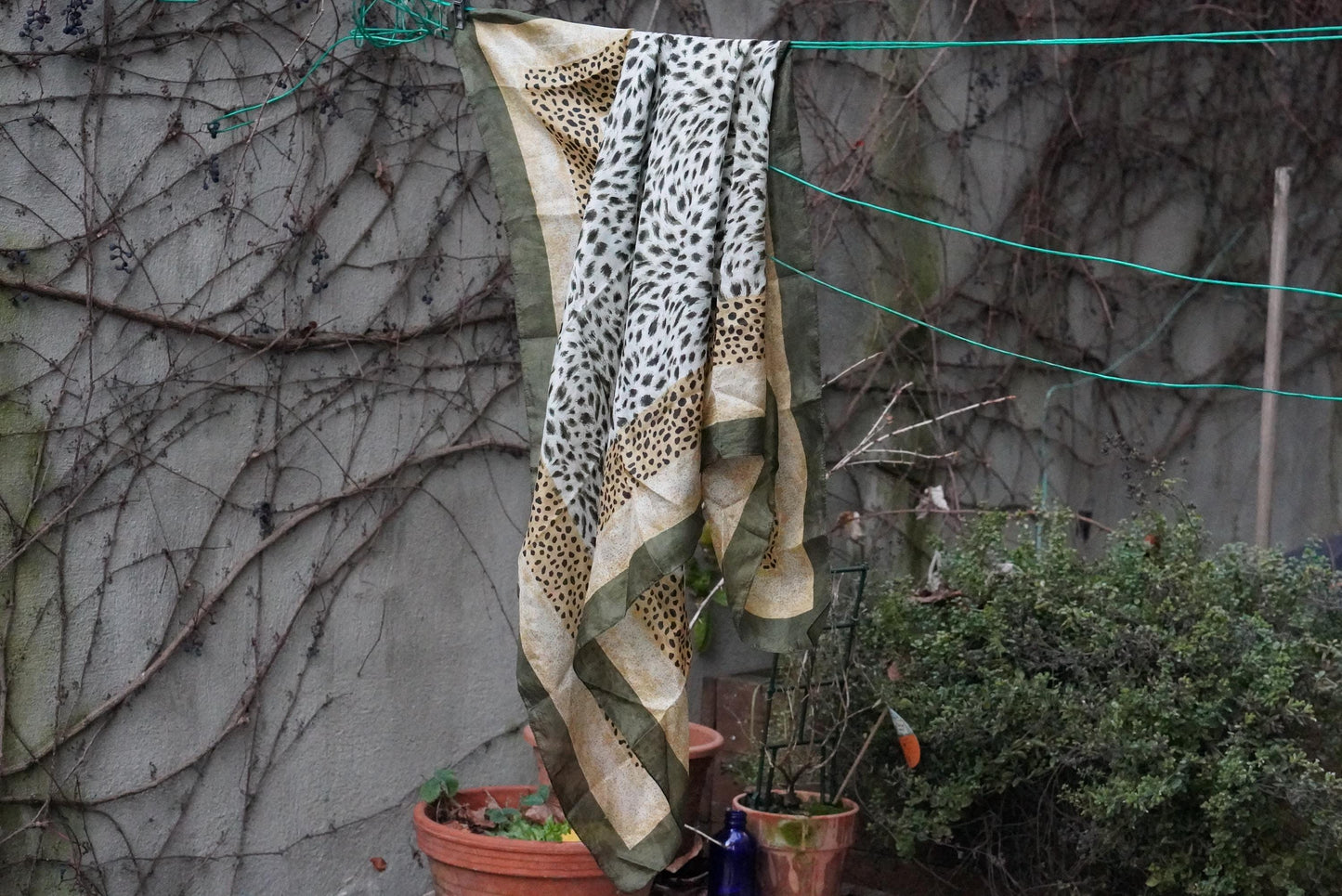 Silk Animal Print Scarf Vintage Green Leopard Pattern Square Neck Head Wrap 100% Silk