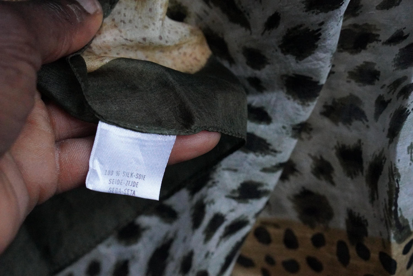 Silk Animal Print Scarf Vintage Green Leopard Pattern Square Neck Head Wrap 100% Silk