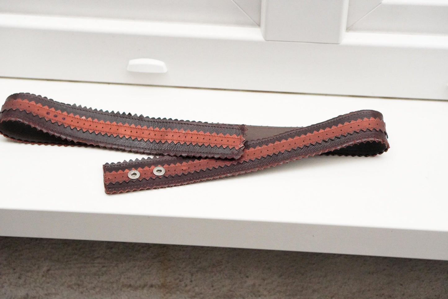 Vintage Wide Brown Leather Belt | Zig Zag Serrated Edge Terracotta Inlay Snap Button