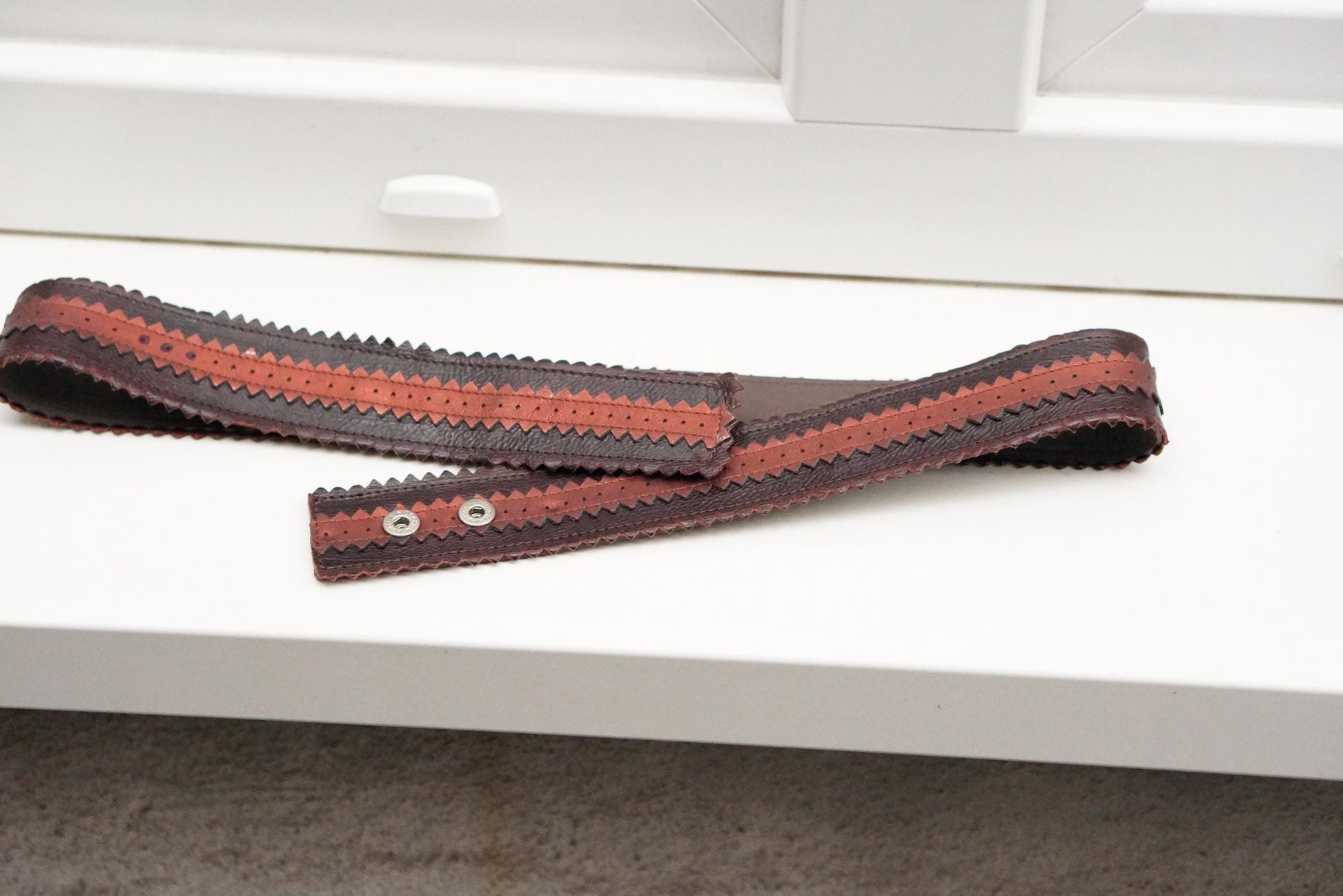 Vintage Wide Brown Leather Belt | Zig Zag Serrated Edge Terracotta Inlay Snap Button