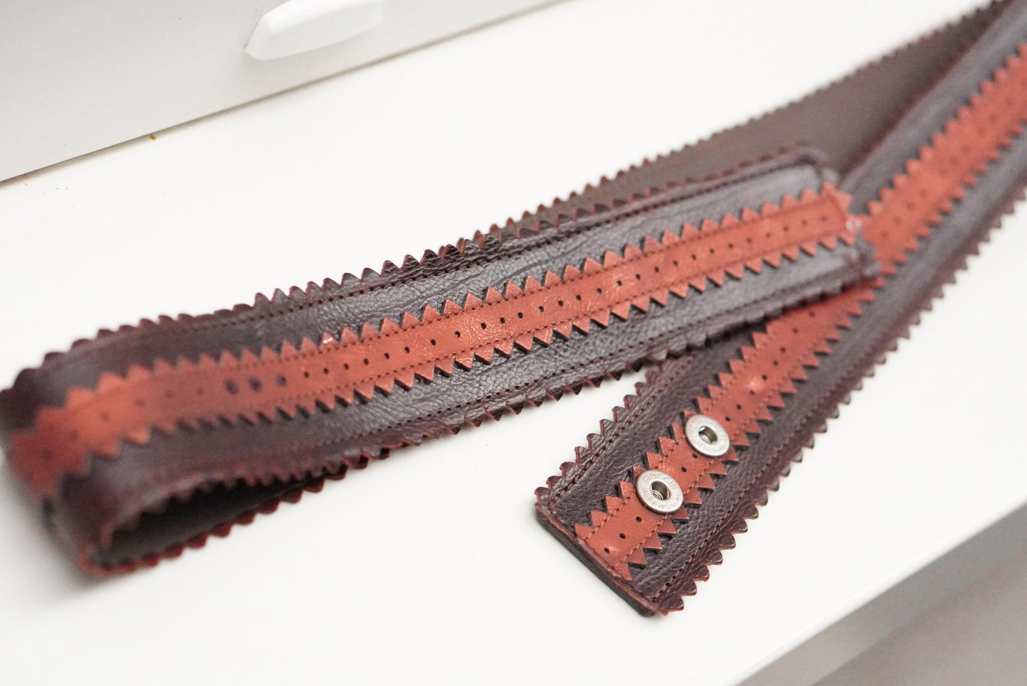 Vintage Wide Brown Leather Belt | Zig Zag Serrated Edge Terracotta Inlay Snap Button
