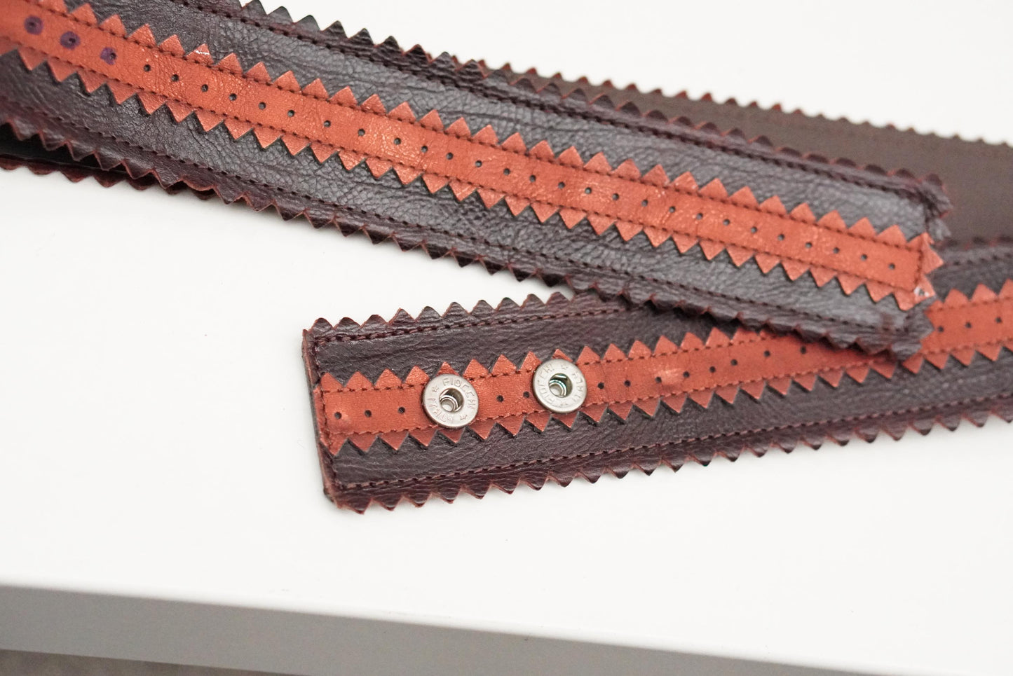 Vintage Wide Brown Leather Belt | Zig Zag Serrated Edge Terracotta Inlay Snap Button