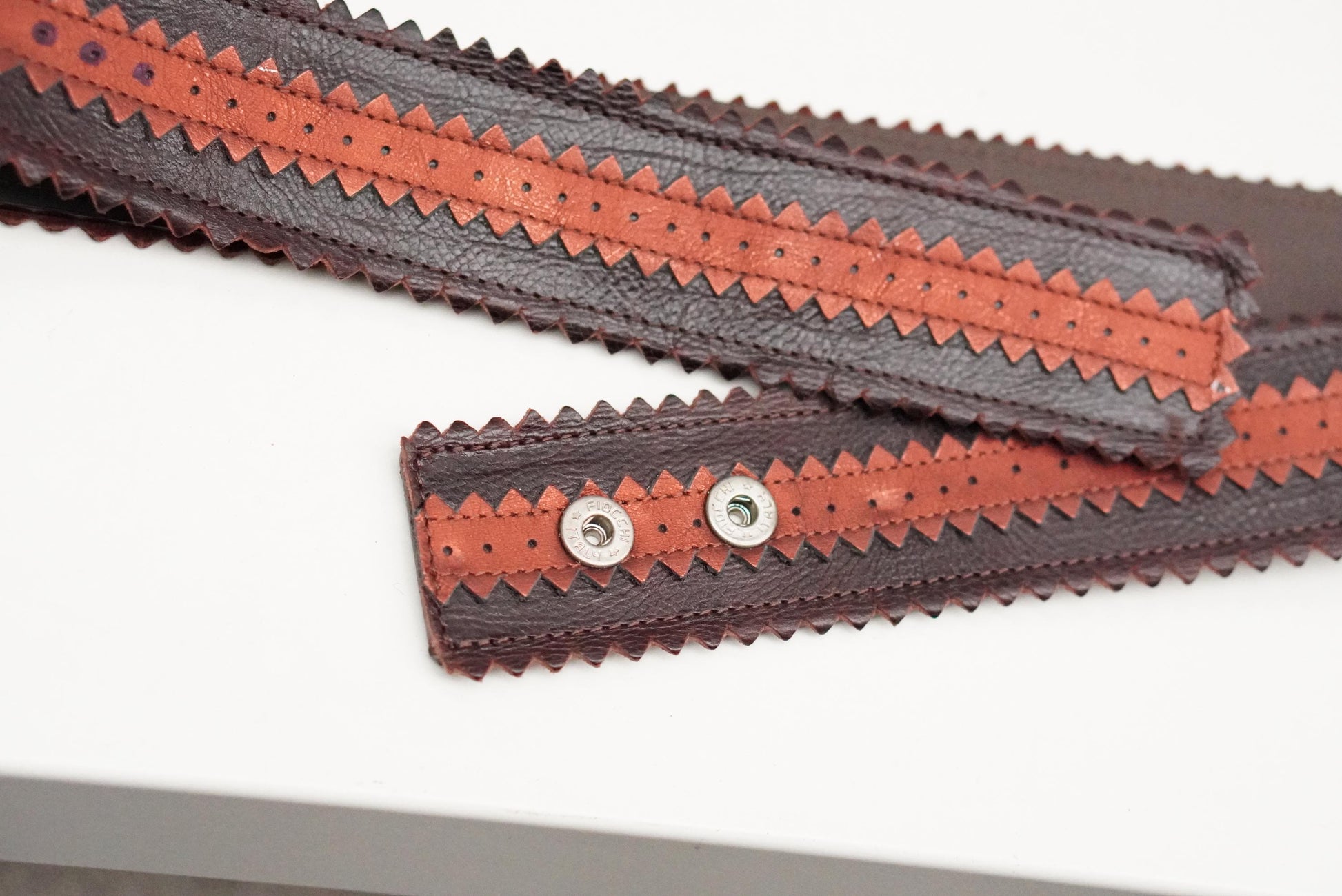 Vintage Wide Brown Leather Belt | Zig Zag Serrated Edge Terracotta Inlay Snap Button