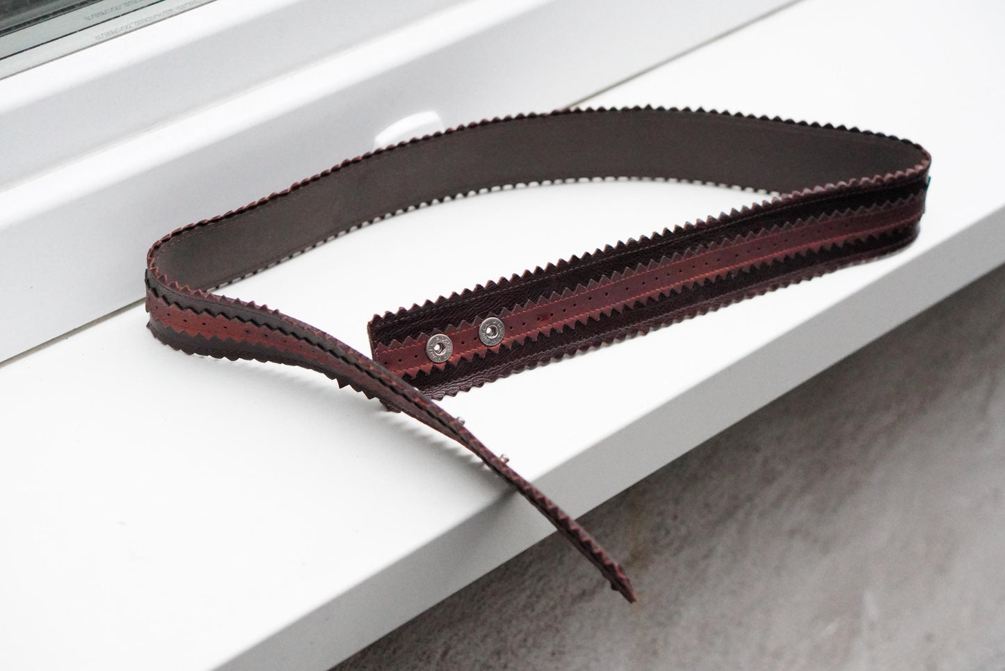 Vintage Wide Brown Leather Belt | Zig Zag Serrated Edge Terracotta Inlay Snap Button