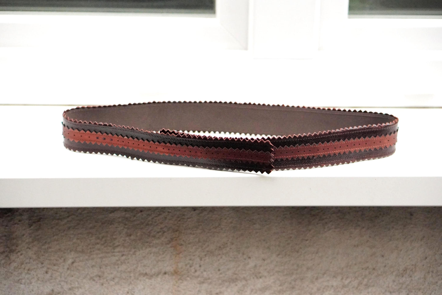 Vintage Wide Brown Leather Belt | Zig Zag Serrated Edge Terracotta Inlay Snap Button