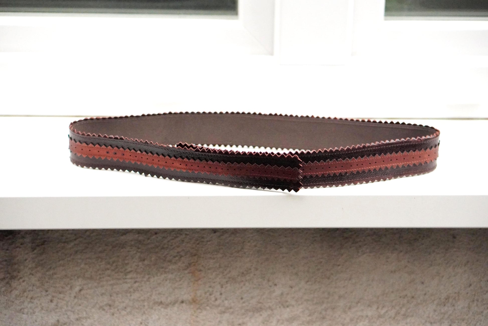 Vintage Wide Brown Leather Belt | Zig Zag Serrated Edge Terracotta Inlay Snap Button