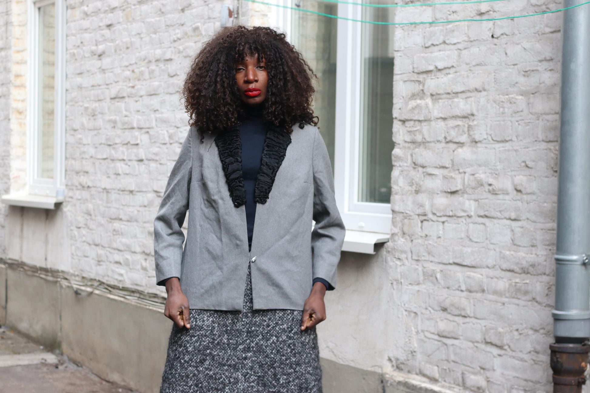 Vintage Grey Blazer | 60s Black Ruffle Collar Jacket | Women's Evening Power Suit Coat